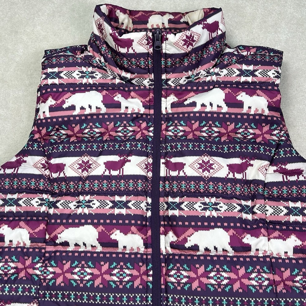 Lands' End Fair Isle Purple Moose 80% Down Puffer Vest Women's XL Full zip